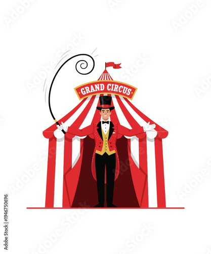 Vintage circus ringmaster with top hat and cape grand circus tent vector illustration