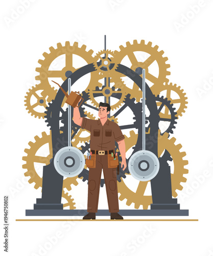 Industrial worker with gears and machinery industrial concept vector illustration
