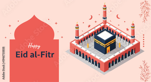 Landscape banner happy eid al-fitr with kabah illustration