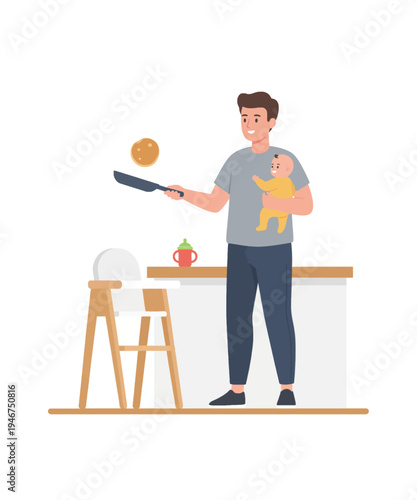 Man cooking pancakes with baby in kitchen flat design vector illustration