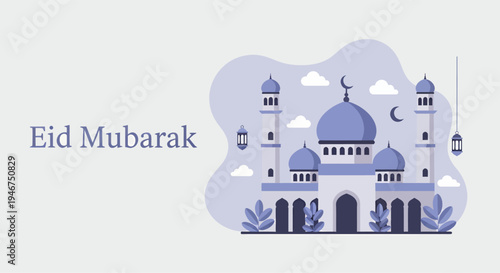 Landscape banner celebrate eid mubarak with beautiful mosque, vector illustration