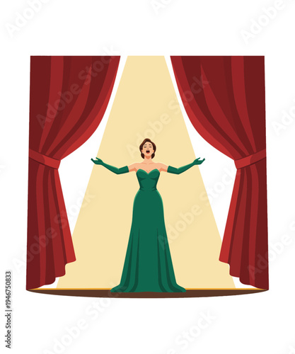 Elegant woman on stage spotlight performance green dress vector illustration