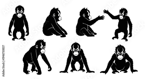 Orangutan Baby Poses Silhouette Vector Set: Cute Primate Actions