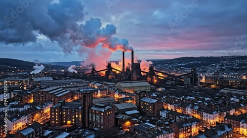 Wallpaper Mural Industrial city at twilight with smoking factory chimneys and residential buildings under a colorful sky Torontodigital.ca