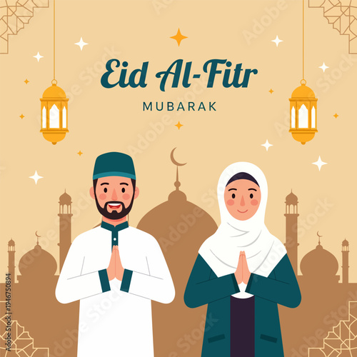 A couple is celebrating Eid al-Fitr mubarak, vector illustration