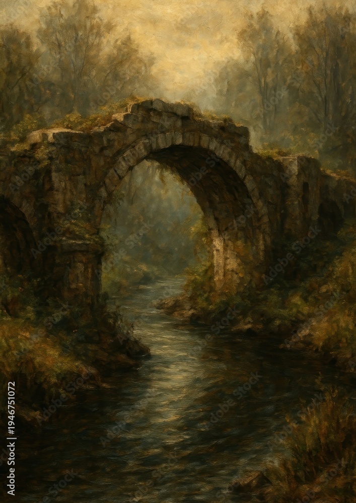Fototapeta premium Rustic arch bridge serene landscape.
