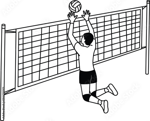 Volleyball player jumping at net for spike, black and white line art vector, professional sports illustration