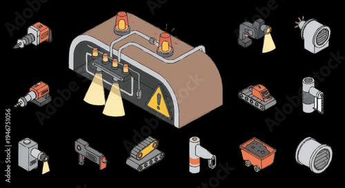 Industrial Equipment and Machinery Set Isometric View.