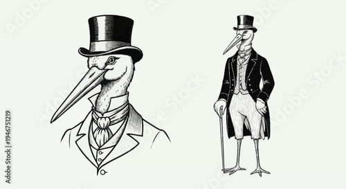 Elegant Stork Dressed in Formal Attire Top Hat and Cane.