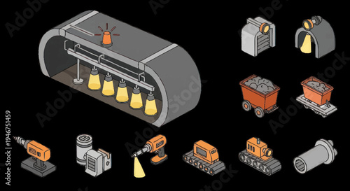 Industrial Mining Equipment and Facility Isometric Illustrations.