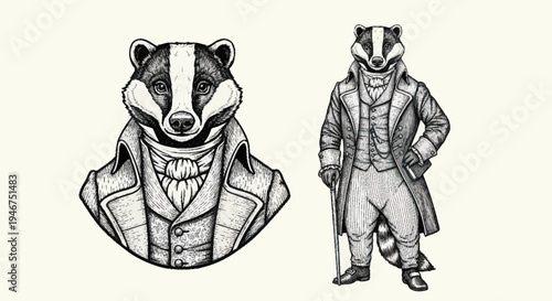 Anthropomorphic Badger Gentleman in Vintage Attire.