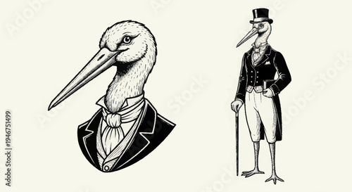 Elegant Stork Dressed in Formal Attire Vintage Illustration.