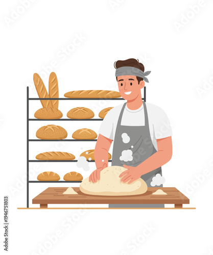 Female baker kneading dough in bakery with bread loaves vector illustration