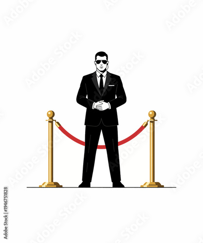 Mysterious spy agent in black suit and mask standing on red carpet vector illustration