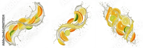 Obraz  z motywem Set of fresh citrus fruit slices with water splashes on white background, 3D render of flying orange, lemon, and lime for juice and beverage branding.