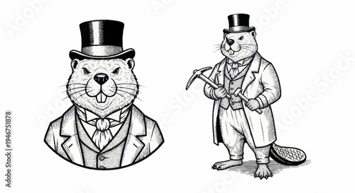 Vintage Beaver Gentleman Illustration with Top Hat and Suit.