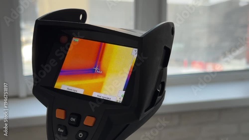 A woman inspects windows with a thermal camera. Searching for the source of heat loss.