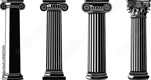 Classical architectural columns. Ionic order, fluted columns, plain columns, and highly ornate pillar featuring unique decorative patterns. 