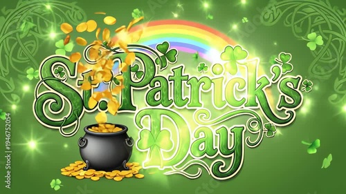 happy st patricks day text magical rainbow the pot hat of gold coins on a green background st patrick day video holiday