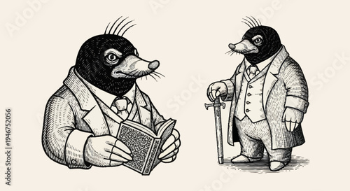 Two anthropomorphic moles dressed in suits reading and holding a cane.