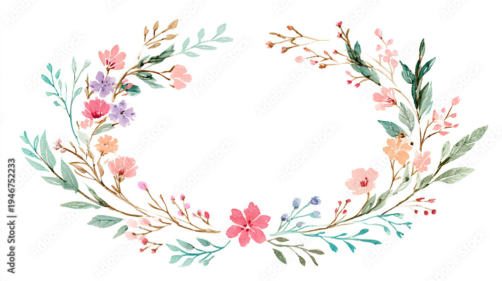 Obraz premium Hand-drawn botanical wreath logo in soft watercolor outline style.