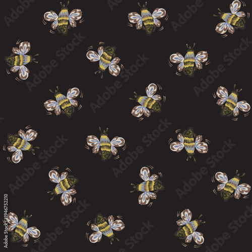 Vector seamless pattern from hand painted bee insects on a black background