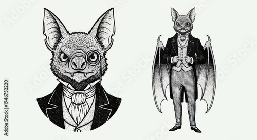 Vintage Bat Gentleman Illustration Set.