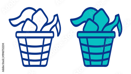 Laundry Hamper Icons: Vibrant graphic of a laundry hamper filled with folded clothes and fresh linens, the perfect visual for a laundry service or house cleaning concept.