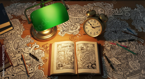 Antique desk with open book and lamp.