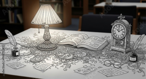 Intricate drawing of a table with a lamp and clock.