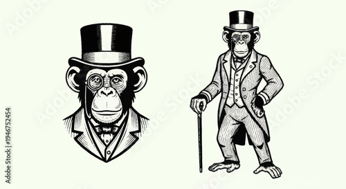 Dapper Monkey Wearing Top Hat and Suit with Cane.