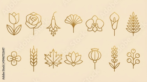 Minimalist collection of golden floral and botanical line art icons including rose, tulip, lotus, and wheat on a beige background.