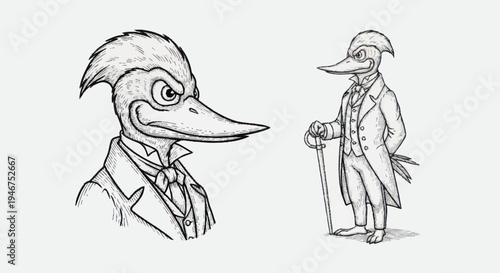 Anthropomorphic Bird Character in Formal Attire.