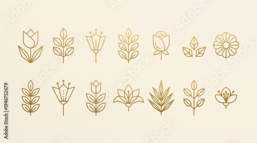 Set of elegant gold floral icons in minimalist geometric style. Various botanical line art elements including flowers and leaves on a neutral background for luxury branding and logo design.