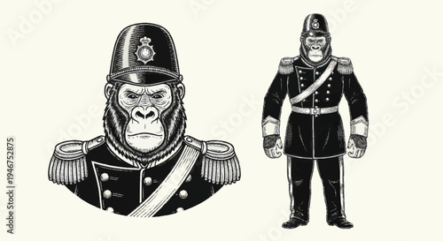 Gorilla In Military Uniform Illustration.