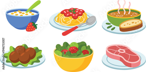 Set of healthy food dishes with spaghetti, salad, soup, meat, and breakfast cereal, vector illustration