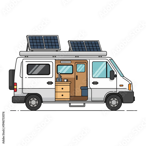 A converted camper van with solar panels and an open interior layout