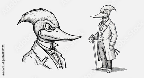 Elegant Woodpecker Character in Formal Attire.