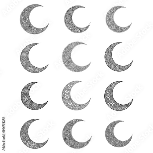 Intricate patterns on crescent moon shapes in monochromatic designs