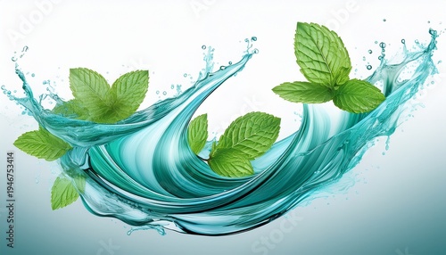 water wave swirl splash with green mint leaves on white background ai generated