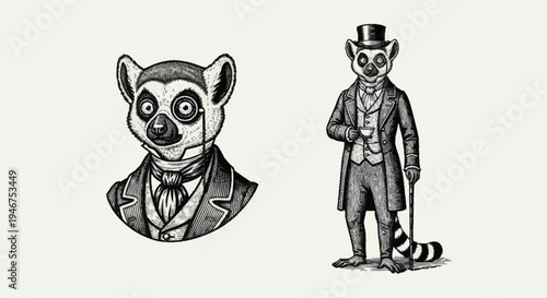 Vintage Lemur Dressed in Victorian Attire.
