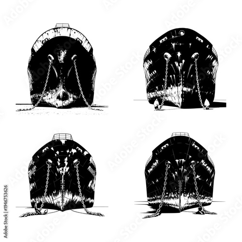Four artistic depictions of a large creature emerging from a dark, arched entranceway.