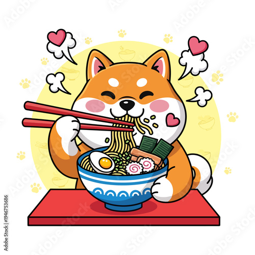 Cute shiba inu enjoying a delicious bowl of ramen with chopsticks