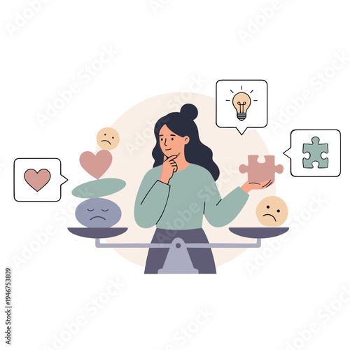 Woman balances thoughts on scale with emotions and puzzle pieces around her