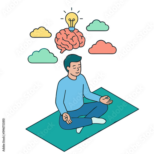 Man meditates on a mat with a brain and lightbulb above