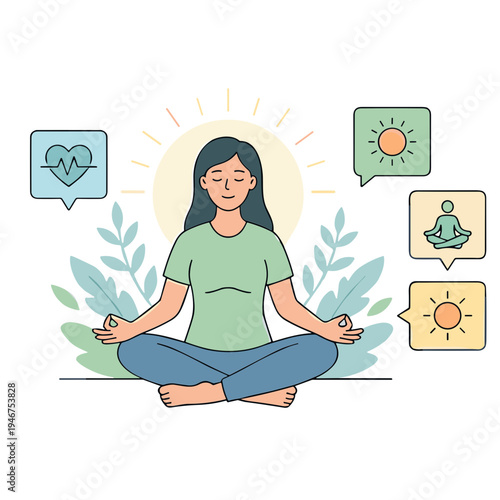 A serene woman practices meditation in a peaceful outdoor setting with symbolic icons.