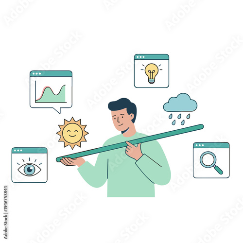 A man holding a large pencil surrounded by various icons and graphs on screens