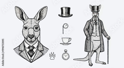 Anthropomorphic Kangaroo Dressed in Victorian Gentleman Attire.
