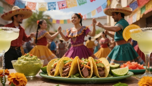 Colorful fiesta with traditional dancing and delicious tacos at a vibrant outdoor celebration in Mexico