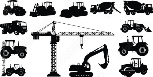 Collection of construction machinery silhouettes including excavator tower crane bulldozer dump truck cement mixer tractor loader and road roller isolated vector construction equipment set